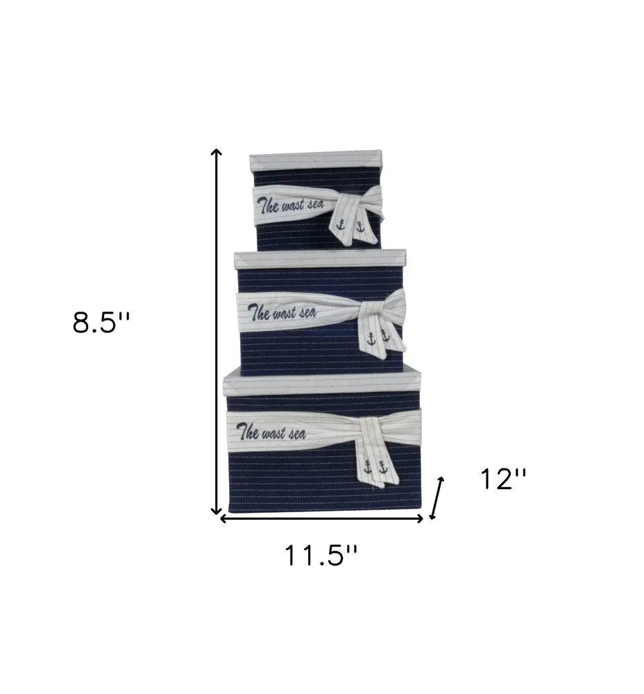 11.5" X 12" X 8.5" White Blue Fabric Boxes With Cover Set Of 3 - NOBLE HOME INTERIORS