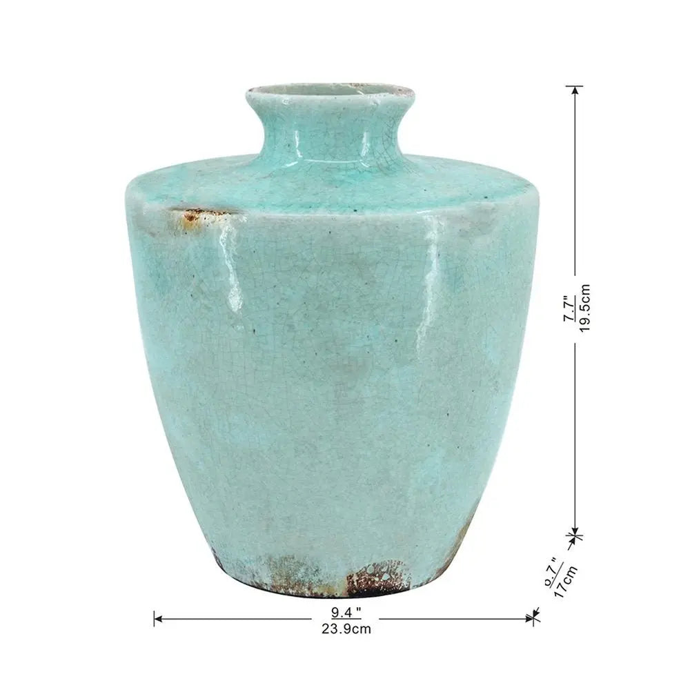 12" Aqua Terracotta Crackle Glaze Round Table Vase - NOBLE HOME INTERIORS