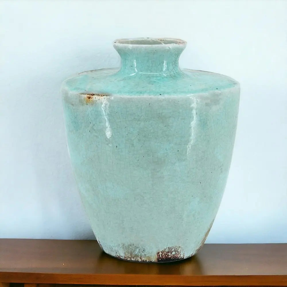 12" Aqua Terracotta Crackle Glaze Round Table Vase - NOBLE HOME INTERIORS