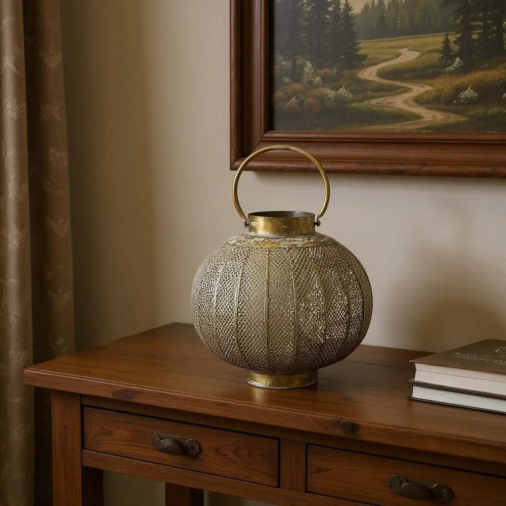 12" Bronze And Green Distressed Lattice Metal Tabletop Lantern Candle Holder - NOBLE HOME INTERIORS