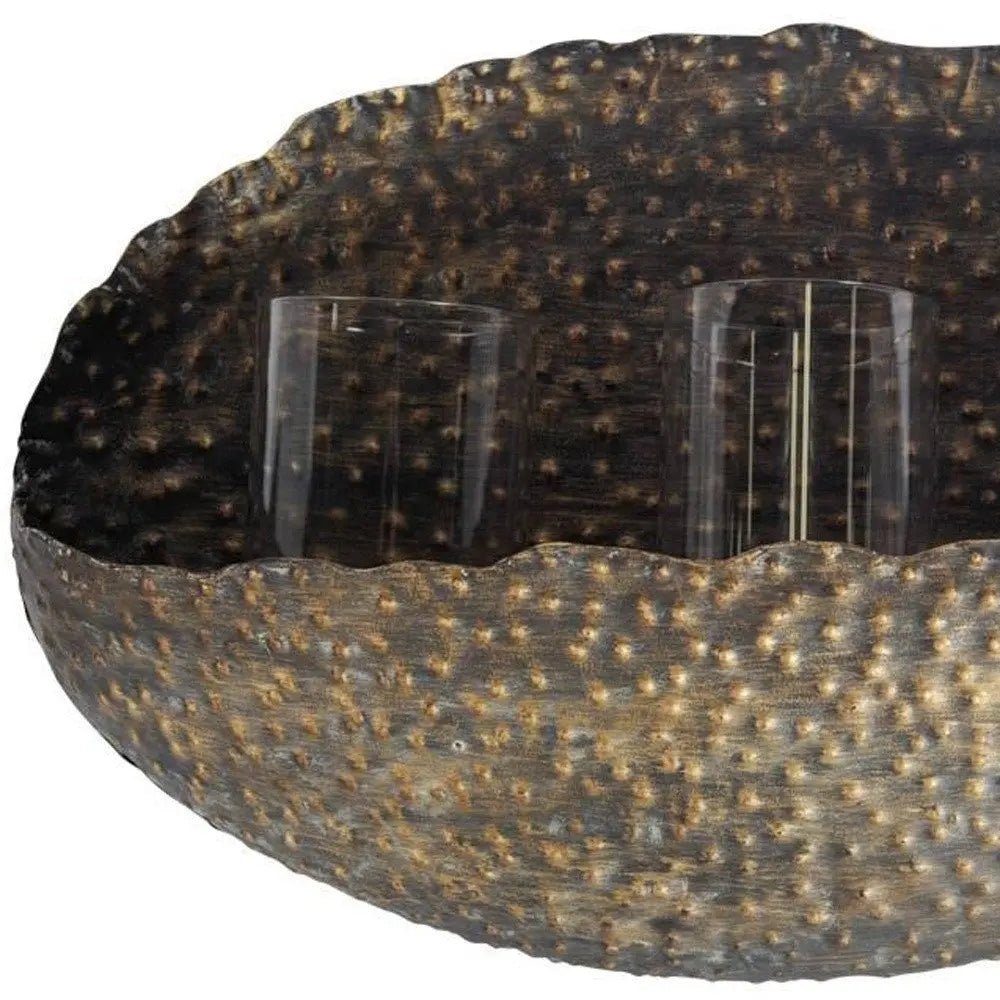 12" Bronze Distressed Hammered Glass And Metal Hurricane Candle Holder - NOBLE HOME INTERIORS