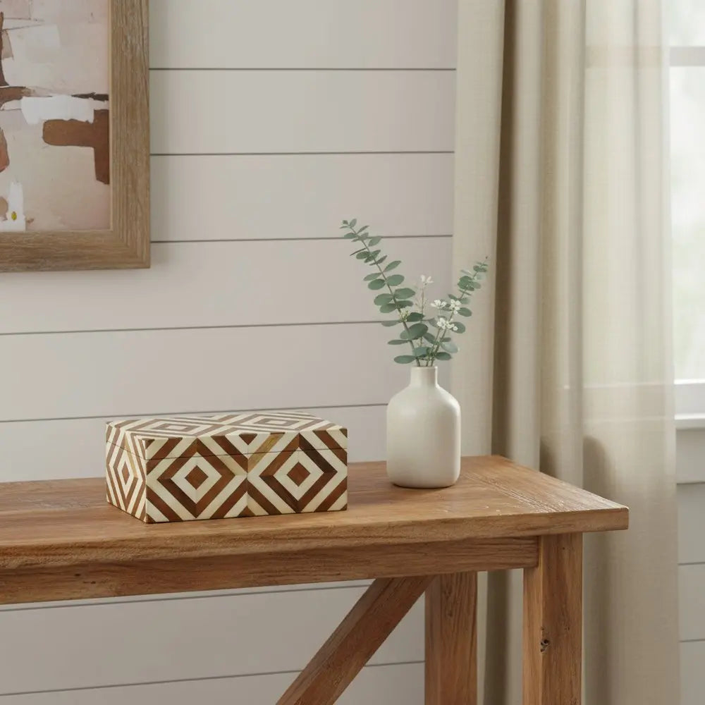 12" Brown And Ivory Bone Inlay And Solid Wood Box With Lid - NOBLE HOME INTERIORS