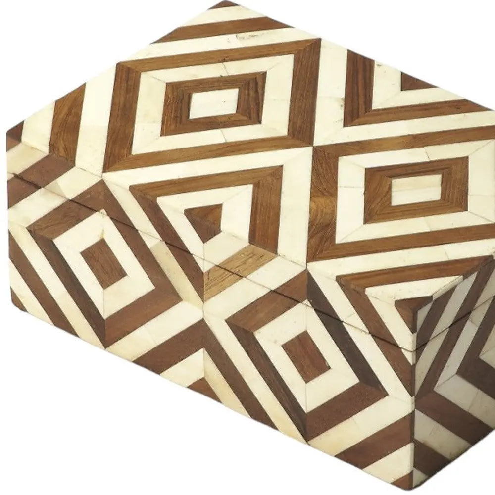 12" Brown And Ivory Bone Inlay And Solid Wood Box With Lid - NOBLE HOME INTERIORS