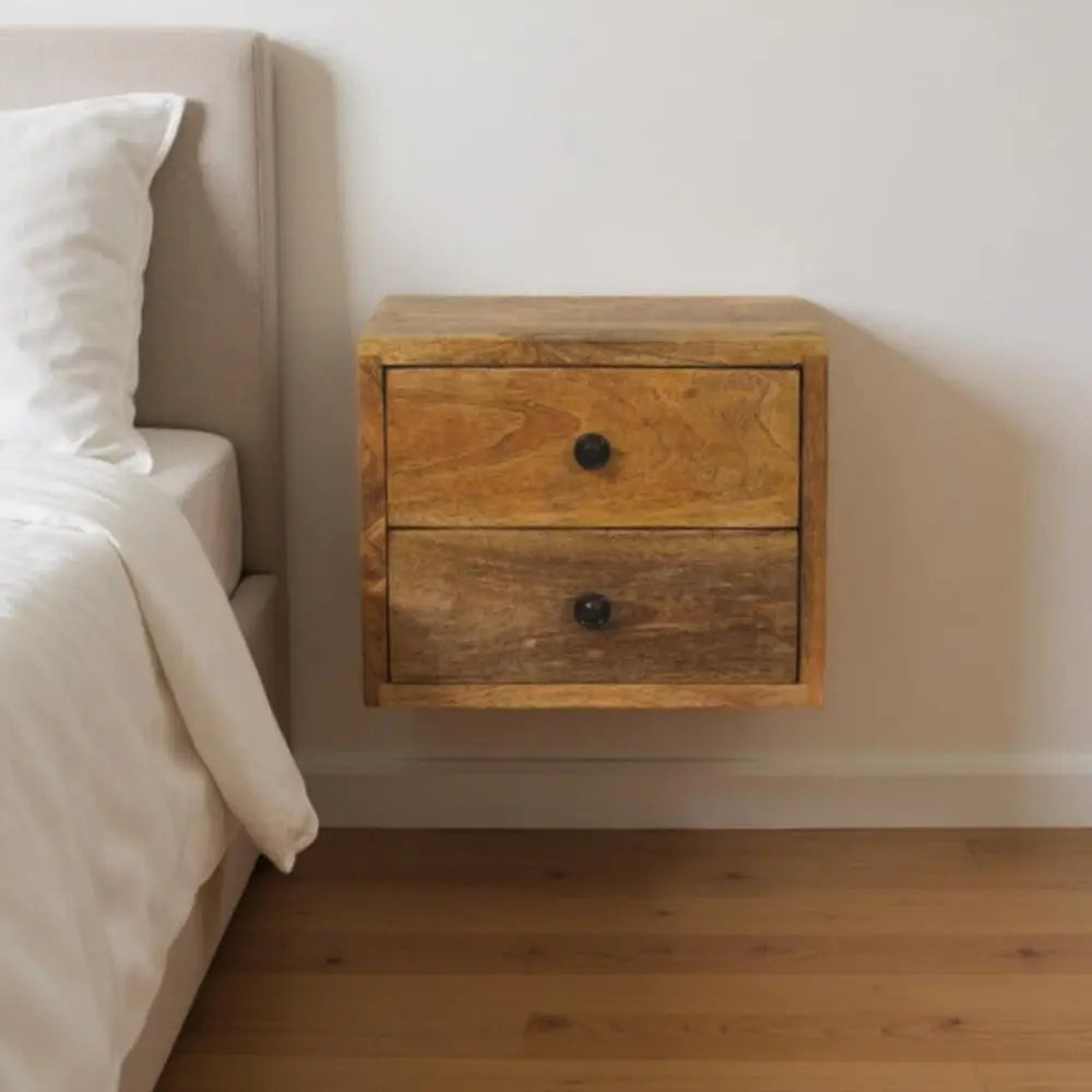 12" Brown Solid Wood Two Drawer Floating Nightstand - NOBLE HOME INTERIORS