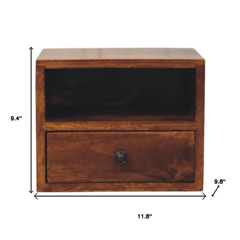 12" Chestnut Solid Wood Square One Drawer Floating Nightstand - NOBLE HOME INTERIORS