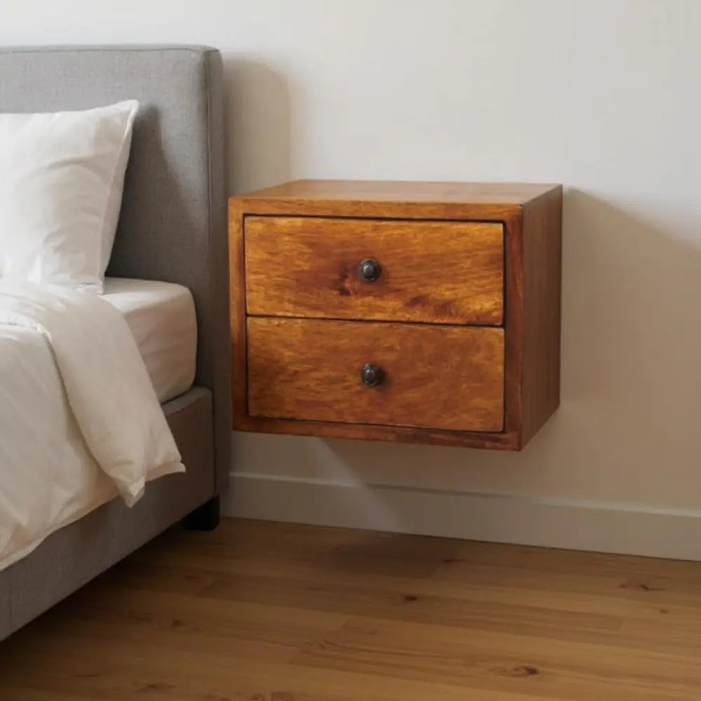 12" Chestnut Solid Wood Two Drawer Floating Nightstand - NOBLE HOME INTERIORS