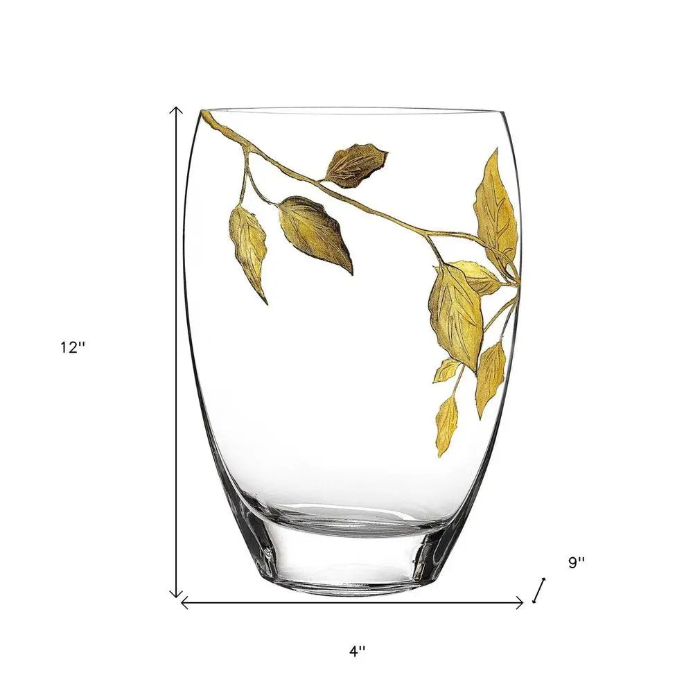 12" Clear And Gold Leaves Oval Crystal Glass Table Vase - NOBLE HOME INTERIORS