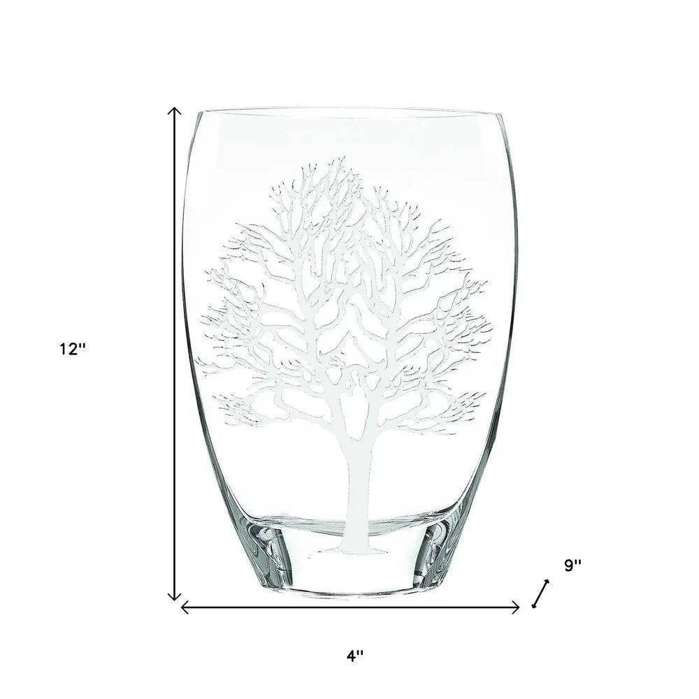 12" Clear And White Tree Of Life Oval Lead Free Crystal Table Vase - NOBLE HOME INTERIORS