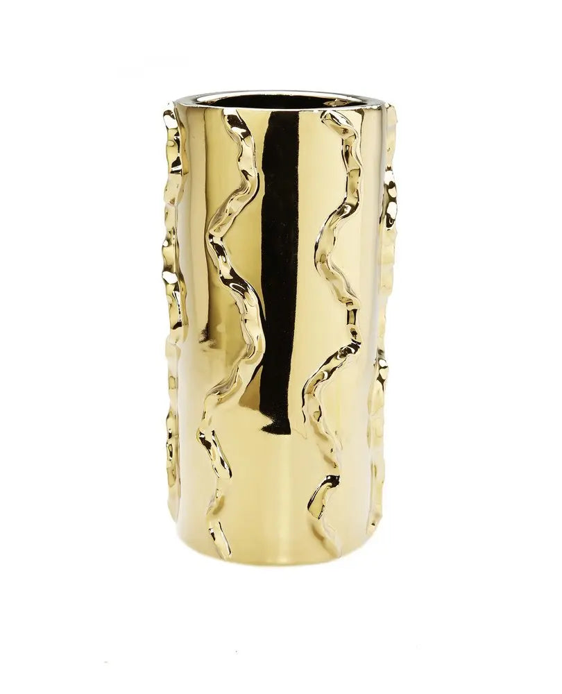 12" Gold Cylinder Ceramic Table Vase With Sculptural Details - NOBLE HOME INTERIORS