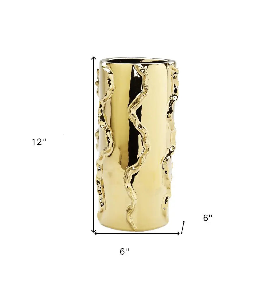 12" Gold Cylinder Ceramic Table Vase With Sculptural Details - NOBLE HOME INTERIORS