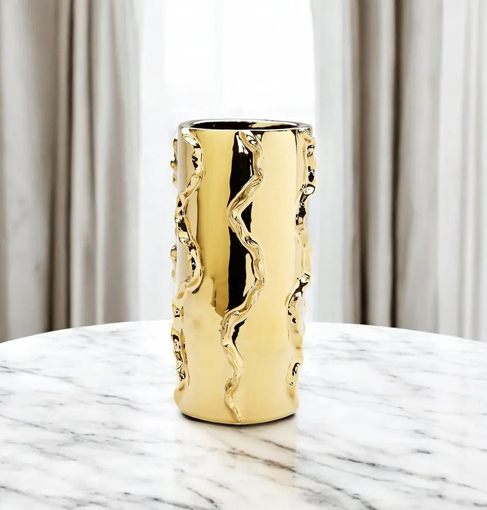 12" Gold Cylinder Ceramic Table Vase With Sculptural Details - NOBLE HOME INTERIORS