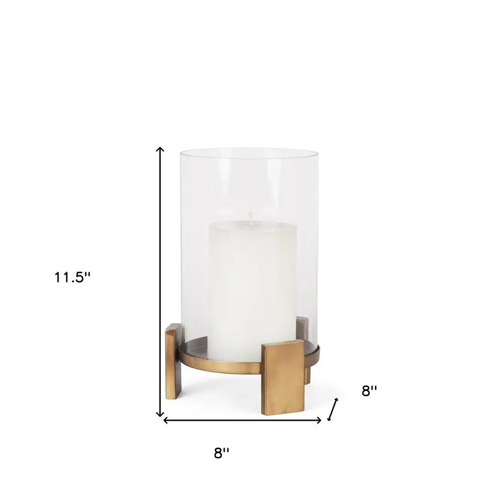 12" Gold Geometric Glass And Metal Tabletop Hurricane Candle Holder - NOBLE HOME INTERIORS