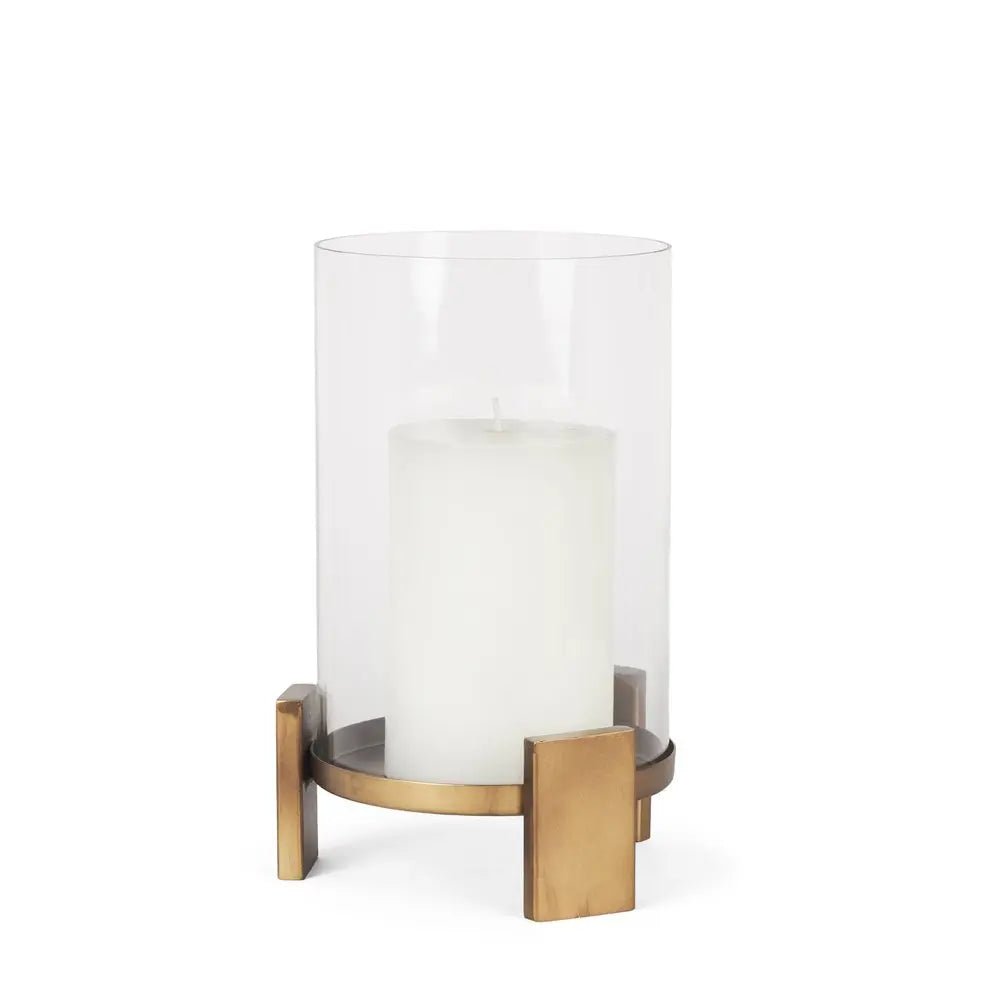 12" Gold Geometric Glass And Metal Tabletop Hurricane Candle Holder - NOBLE HOME INTERIORS