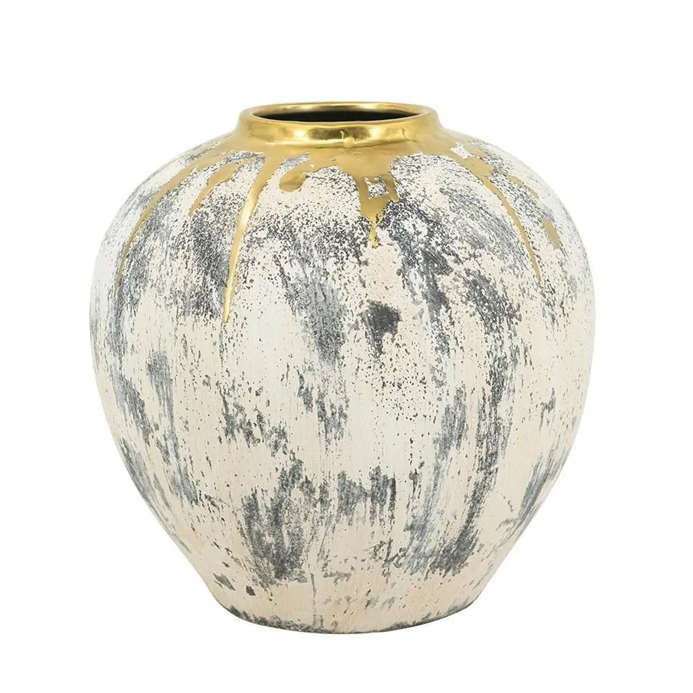 12" Gray Ivory And Gold Modern Abstract Ceramic Table Vase - NOBLE HOME INTERIORS