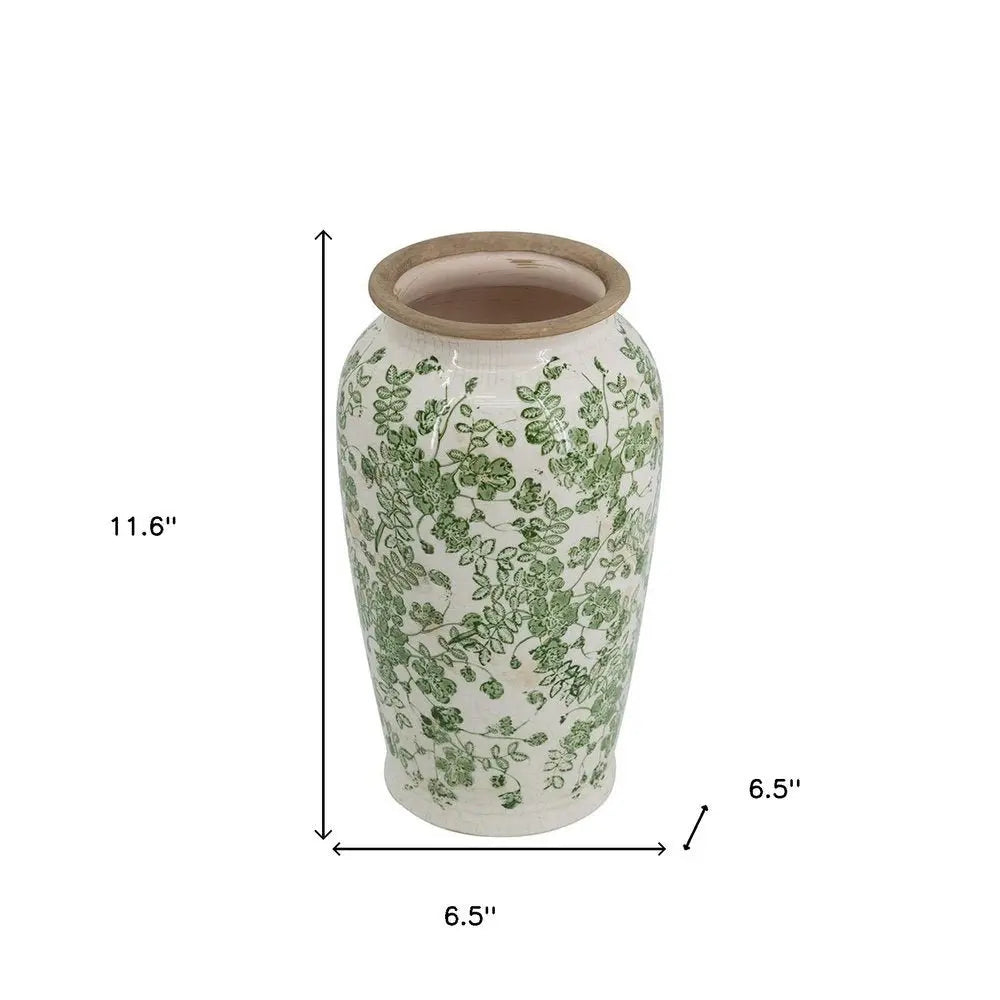 12" Green and White Leaf Round Ceramic Table Vase With Does Not Apply - NOBLE HOME INTERIORS