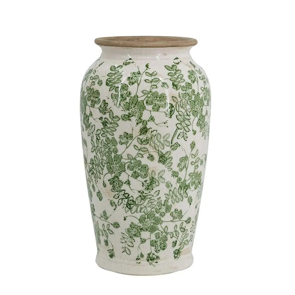 12" Green and White Leaf Round Ceramic Table Vase With Does Not Apply - NOBLE HOME INTERIORS