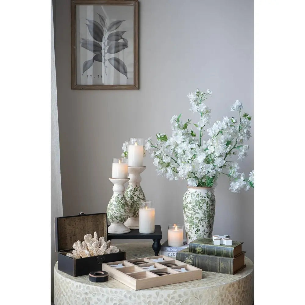 12" Green and White Leaf Round Ceramic Table Vase With Does Not Apply - NOBLE HOME INTERIORS