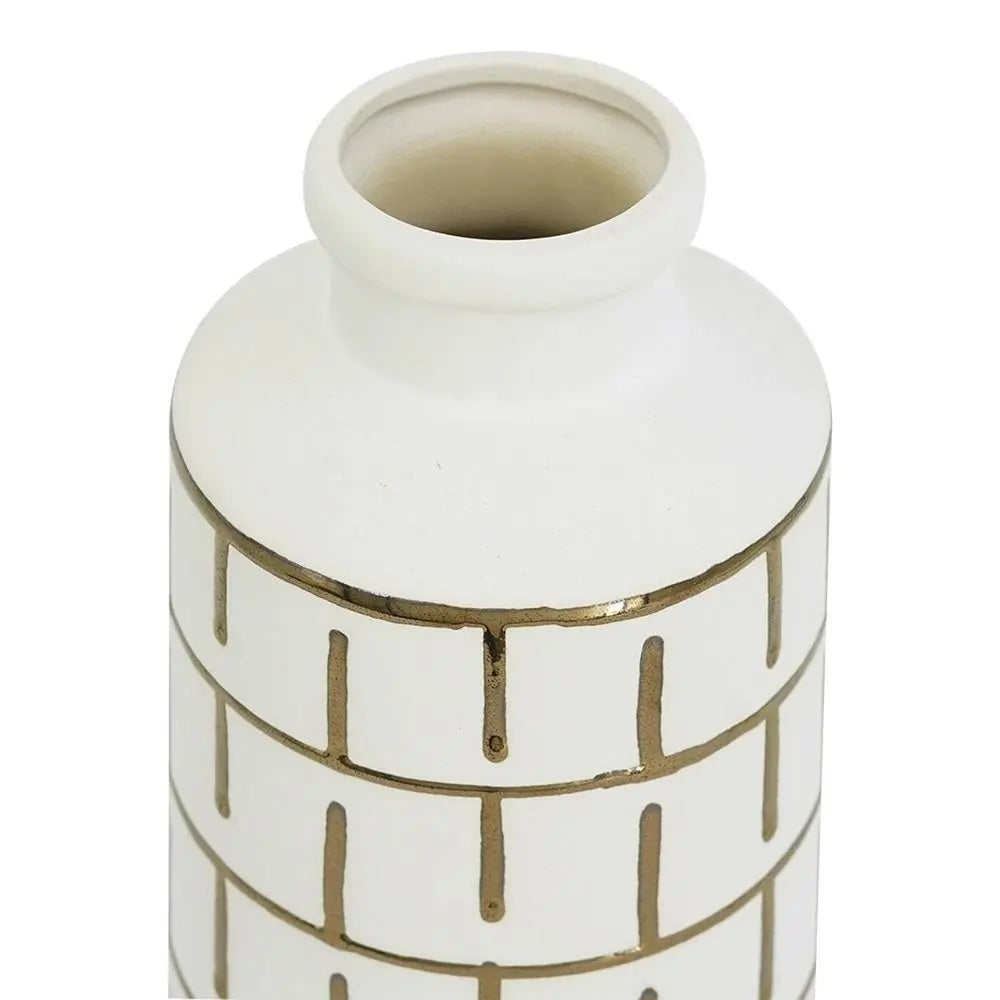 12" Ivory And Gold Geometric Cylindrical Ceramic Table Vase - NOBLE HOME INTERIORS
