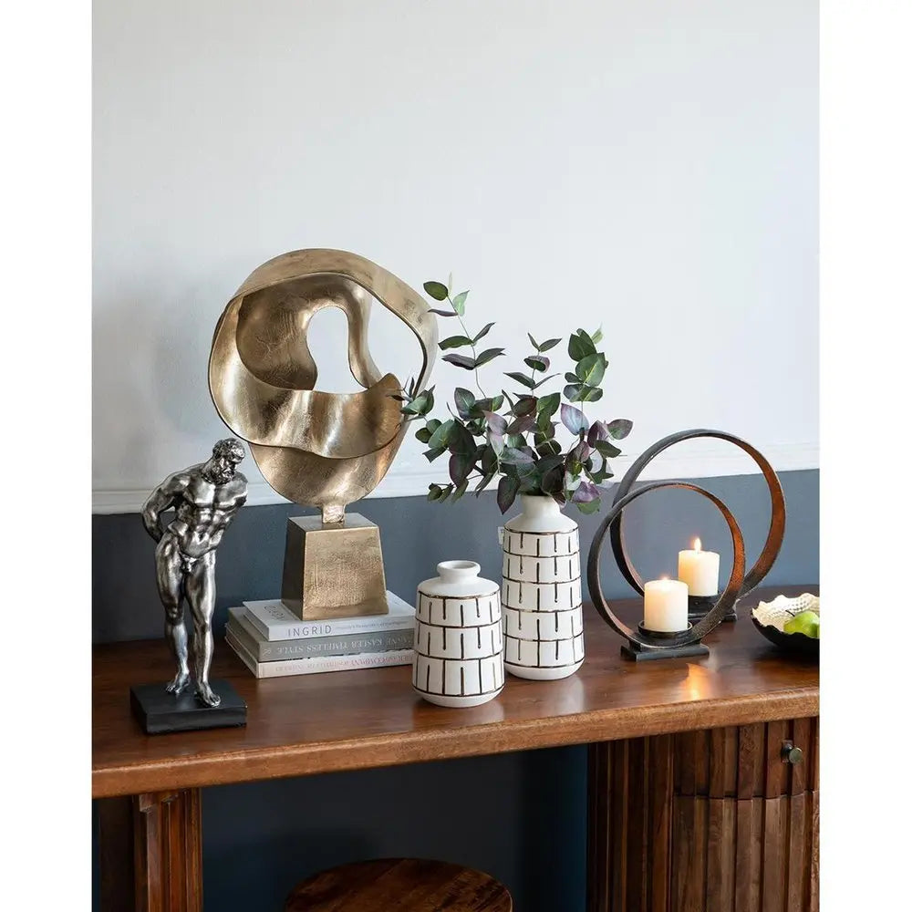 12" Ivory And Gold Geometric Cylindrical Ceramic Table Vase - NOBLE HOME INTERIORS