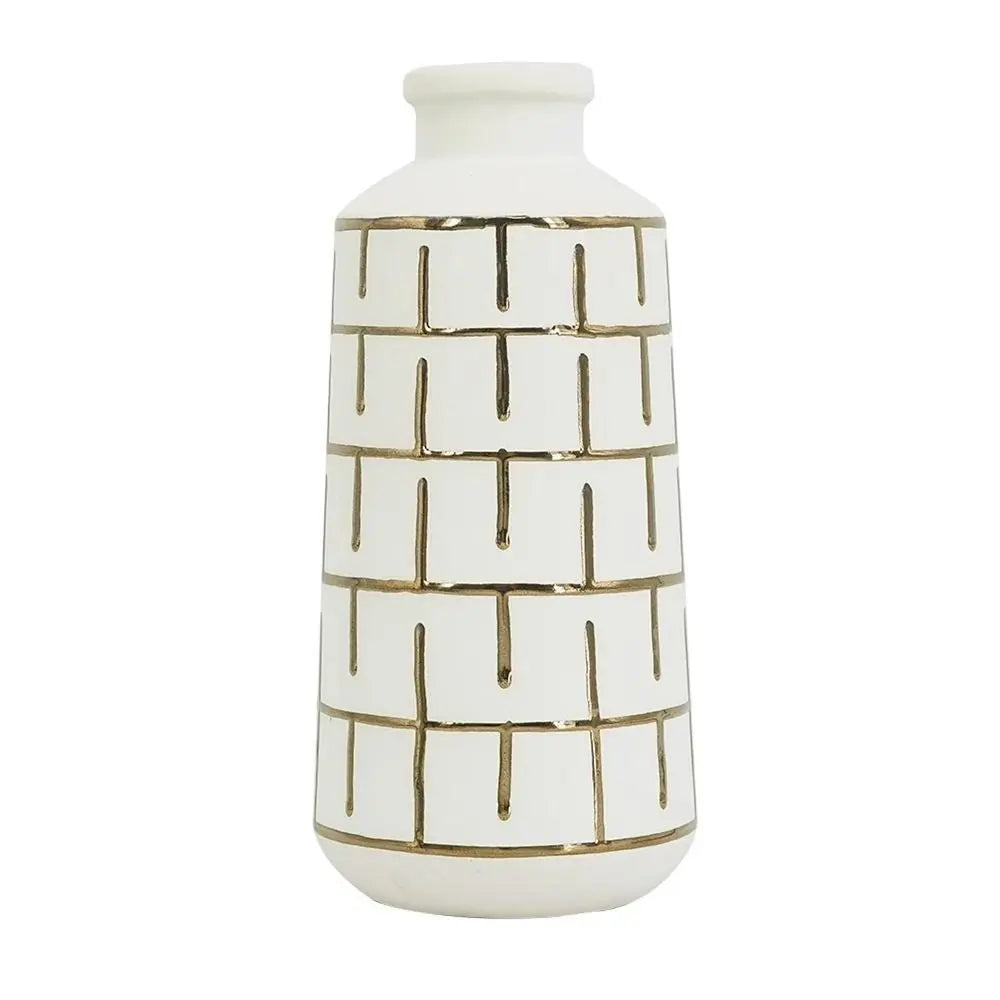 12" Ivory And Gold Geometric Cylindrical Ceramic Table Vase - NOBLE HOME INTERIORS