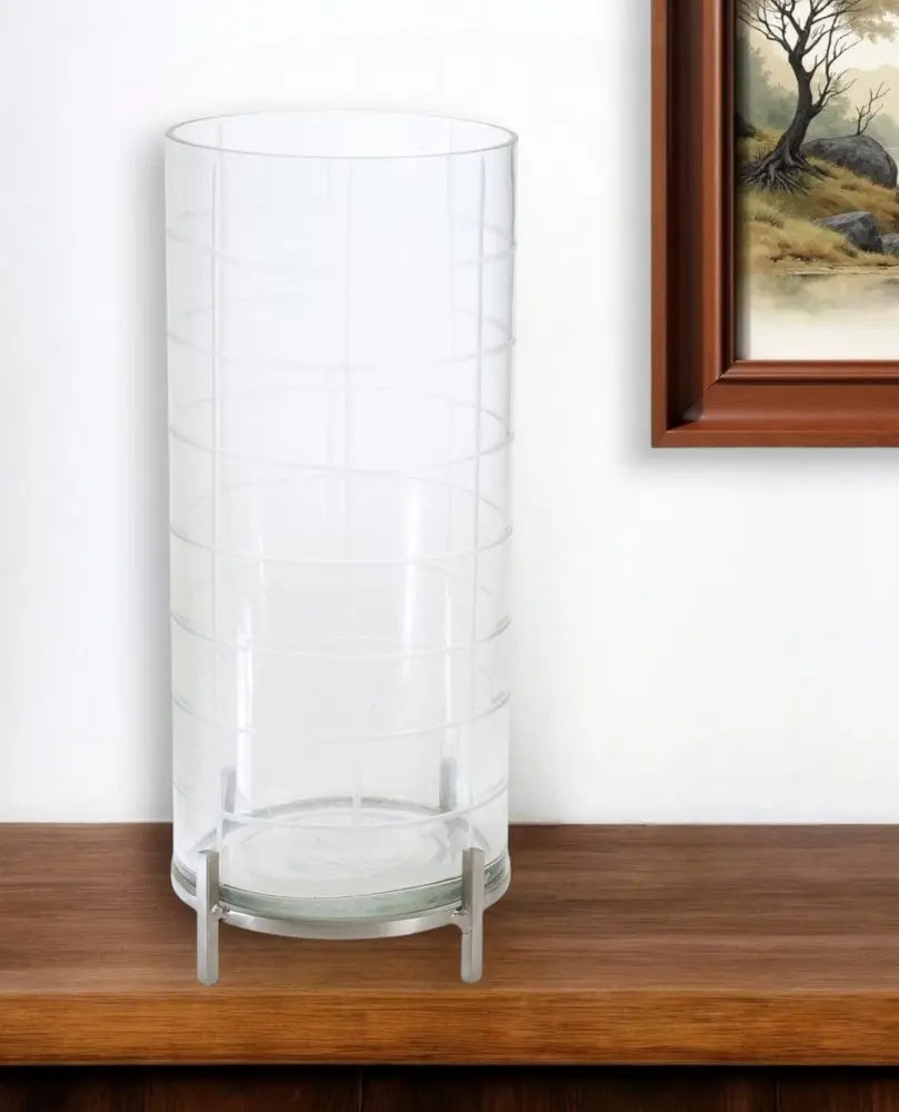 12" Silver And Clear Geometric Iron And Glass Tabletop Hurricane Candle Holder - NOBLE HOME INTERIORS