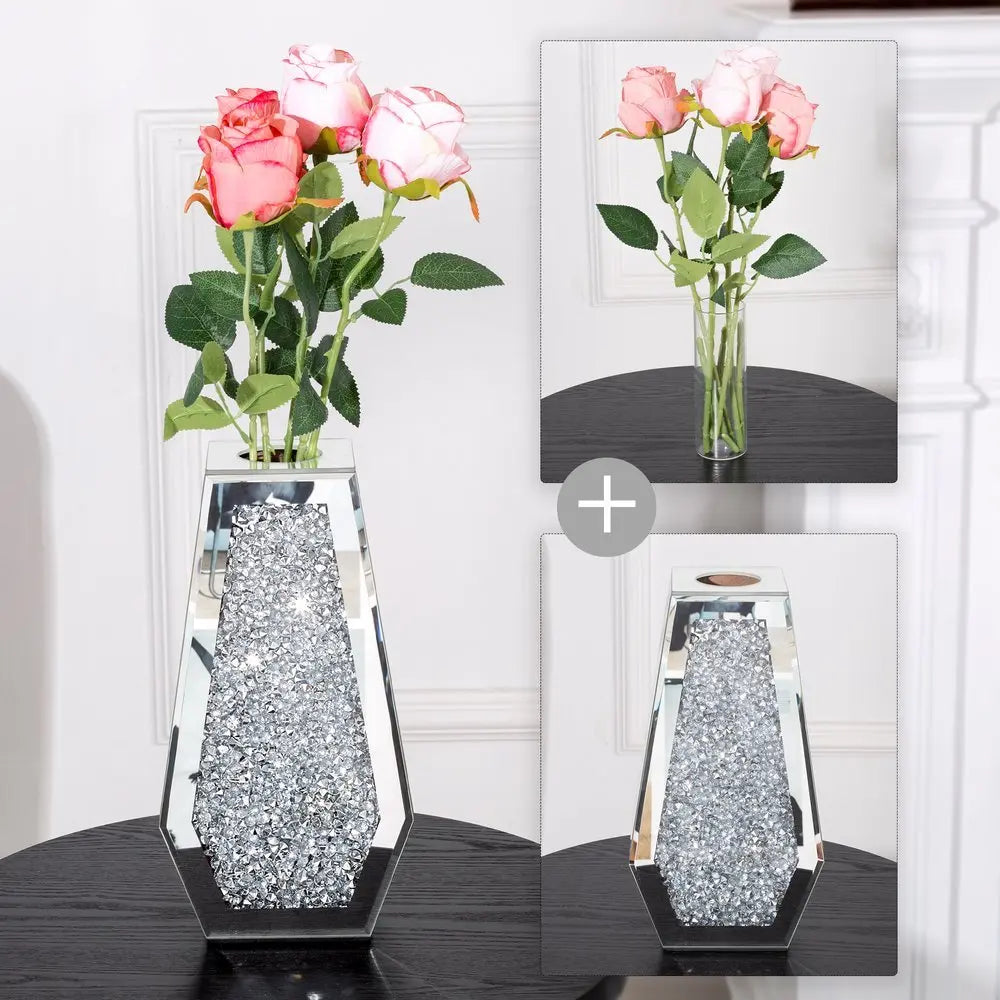 12" Silver Faux Crystal And Mirrored Glass Table Vase - NOBLE HOME INTERIORS