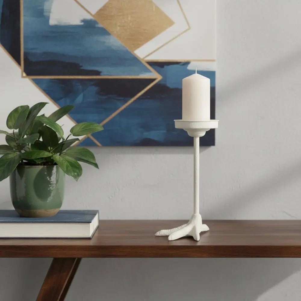 12" White Cast Iron Tabletop Pillar Candle Holder HomeRoots