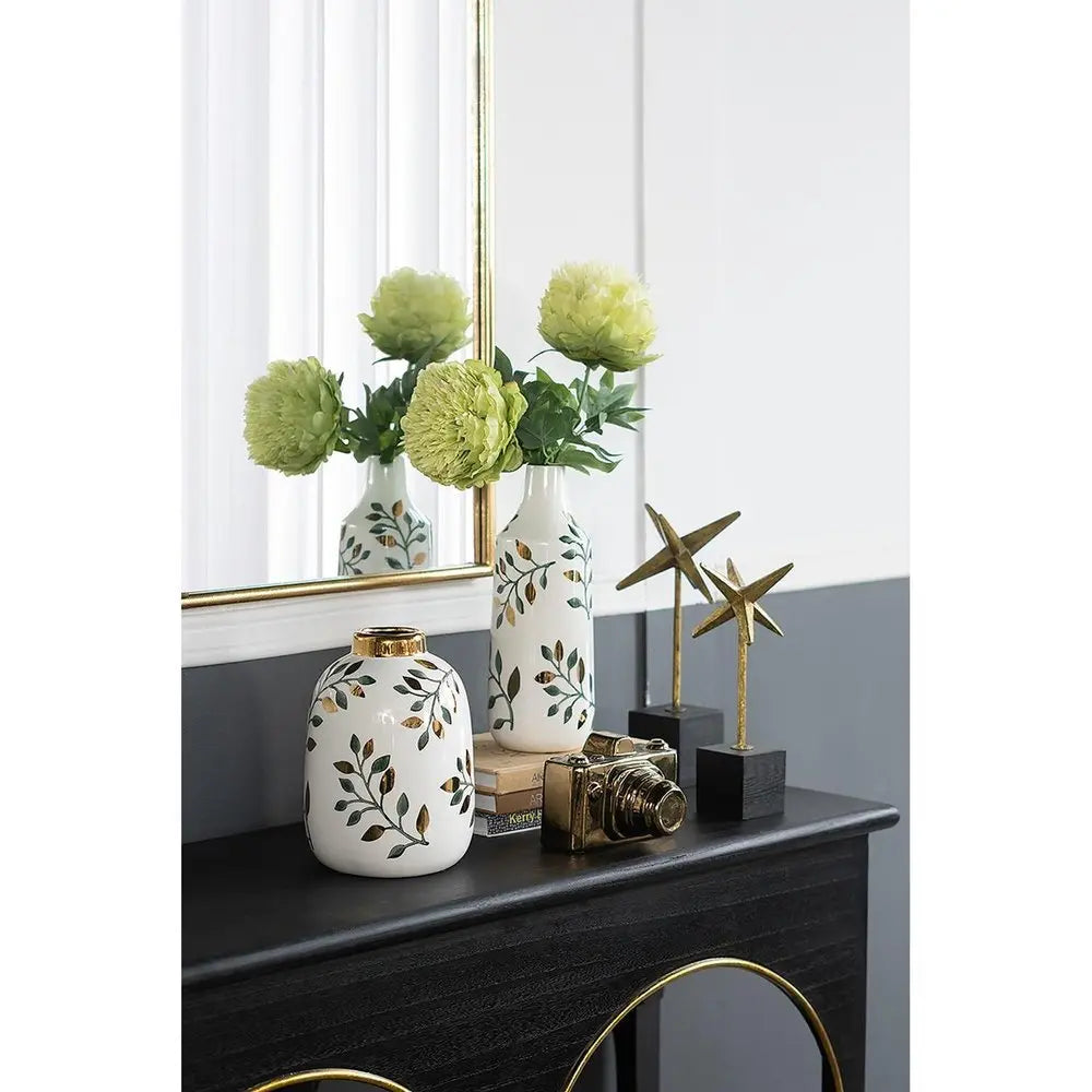 12" White Green And Gold Floral Leaf Bud Ceramic Table Vase - NOBLE HOME INTERIORS