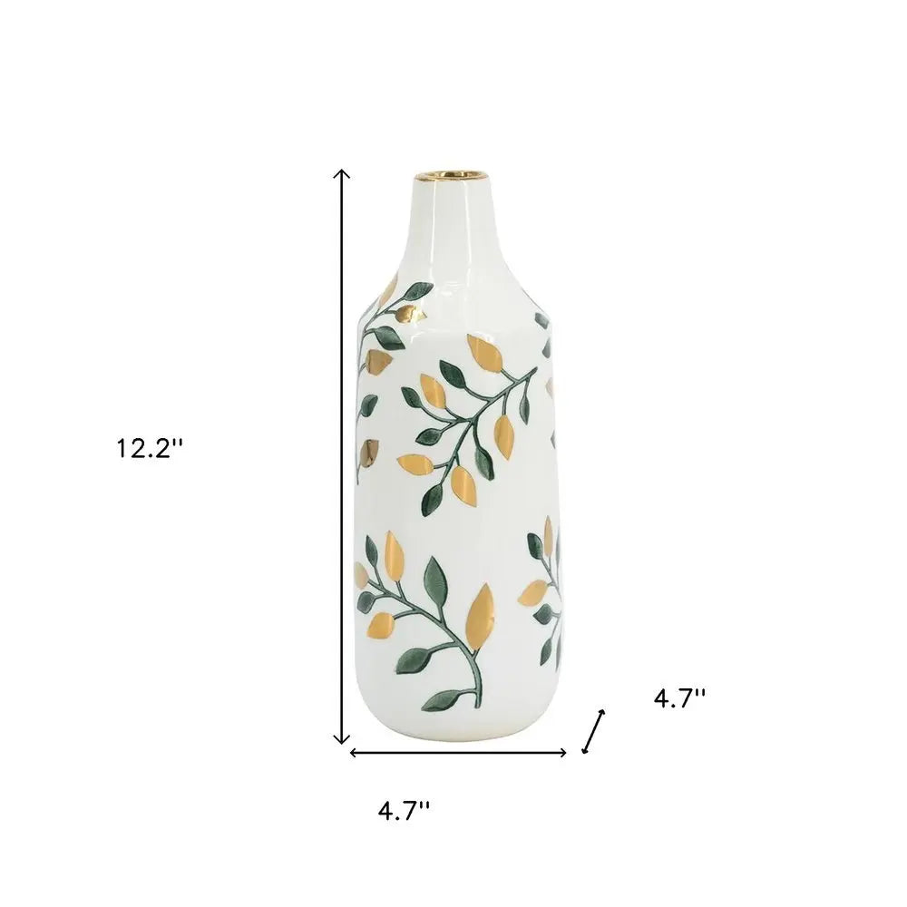 12" White Green And Gold Floral Leaf Bud Ceramic Table Vase - NOBLE HOME INTERIORS