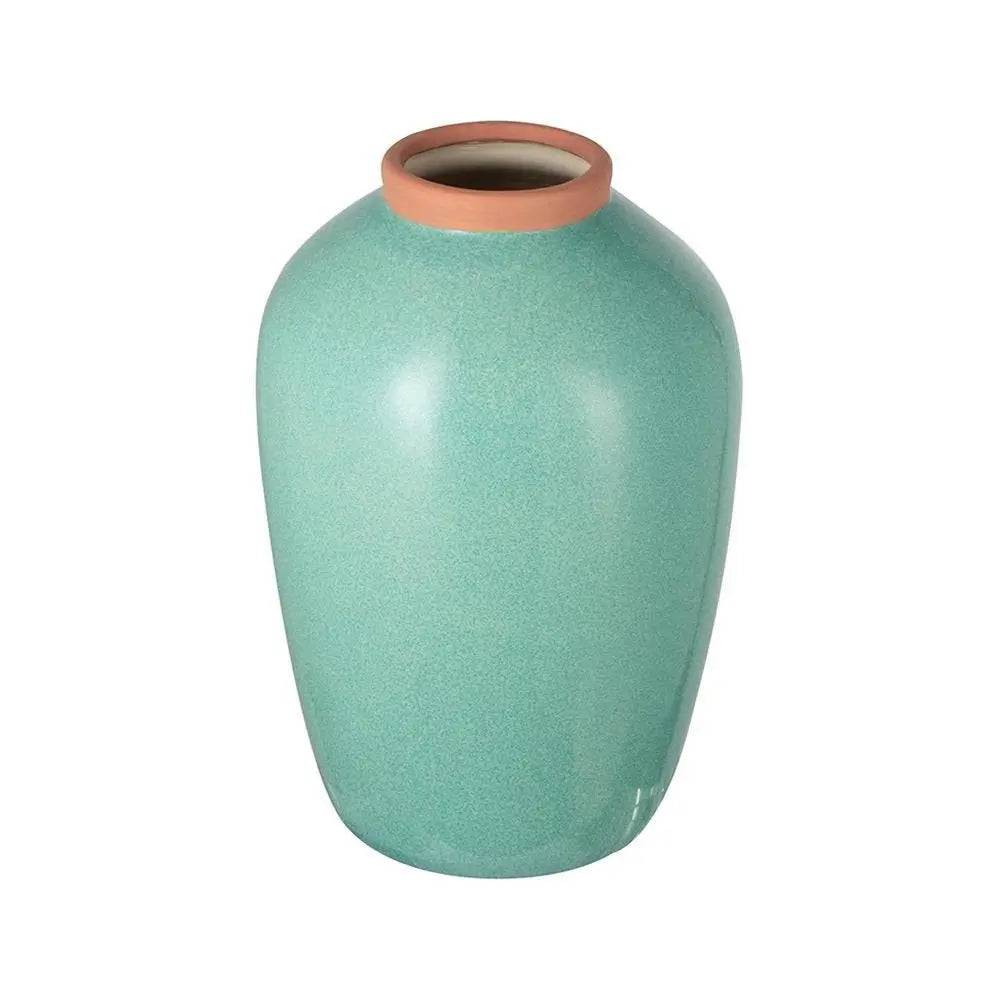 13" Aqua And Terra Cotta Ceramic Round Table Vase - NOBLE HOME INTERIORS
