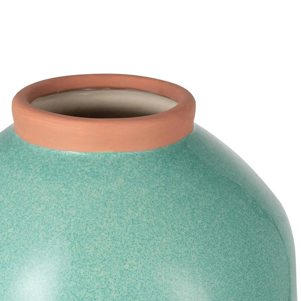 13" Aqua And Terra Cotta Ceramic Round Table Vase - NOBLE HOME INTERIORS
