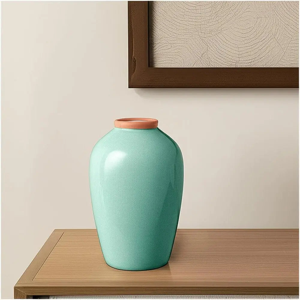13" Aqua And Terra Cotta Ceramic Round Table Vase - NOBLE HOME INTERIORS