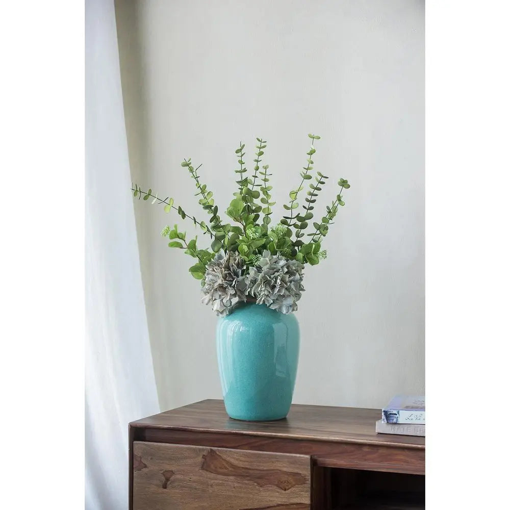 13" Aqua And Terra Cotta Ceramic Round Table Vase - NOBLE HOME INTERIORS