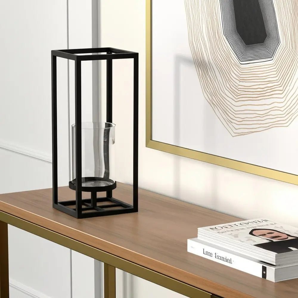 13" Black And Clear Metal And Glass Tabletop Candle Holder HomeRoots
