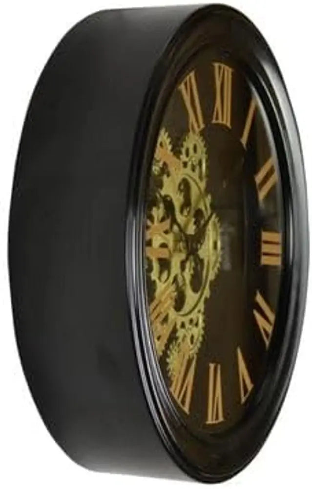 13" Black Orange And Gold Metal Silent Skeleton Distressed Exposed Gear Round Wall Clock - NOBLE HOME INTERIORS