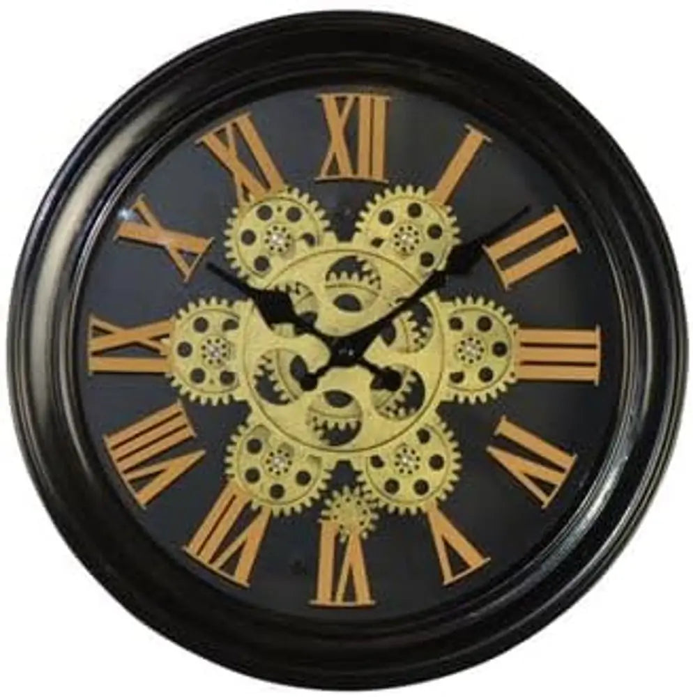 13" Black Orange And Gold Metal Silent Skeleton Distressed Exposed Gear Round Wall Clock - NOBLE HOME INTERIORS