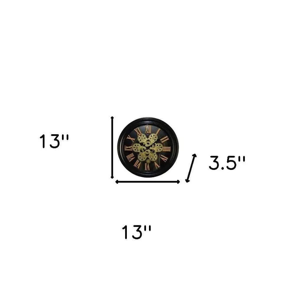 13" Black Orange And Gold Metal Silent Skeleton Distressed Exposed Gear Round Wall Clock - NOBLE HOME INTERIORS