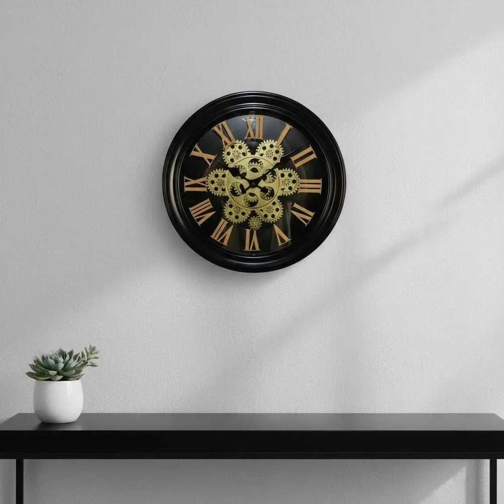 13" Black Orange And Gold Metal Silent Skeleton Distressed Exposed Gear Round Wall Clock - NOBLE HOME INTERIORS