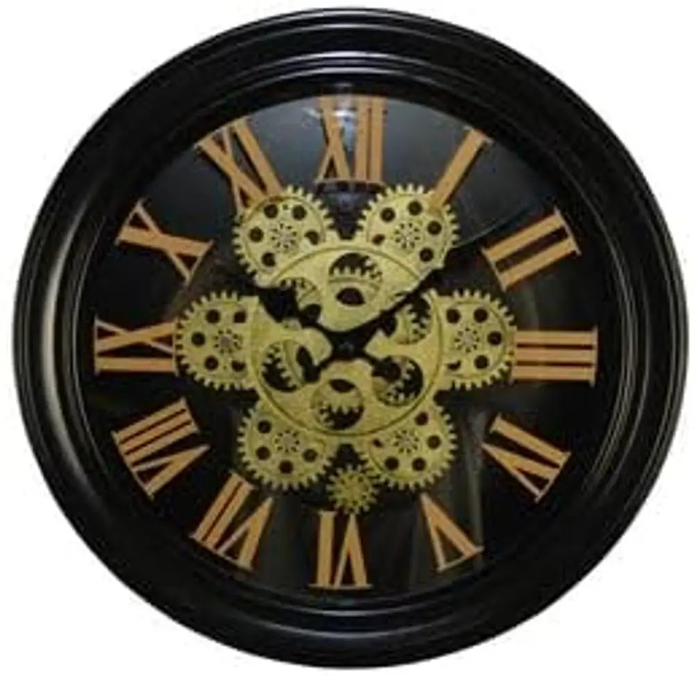 13" Black Orange And Gold Metal Silent Skeleton Distressed Exposed Gear Round Wall Clock - NOBLE HOME INTERIORS