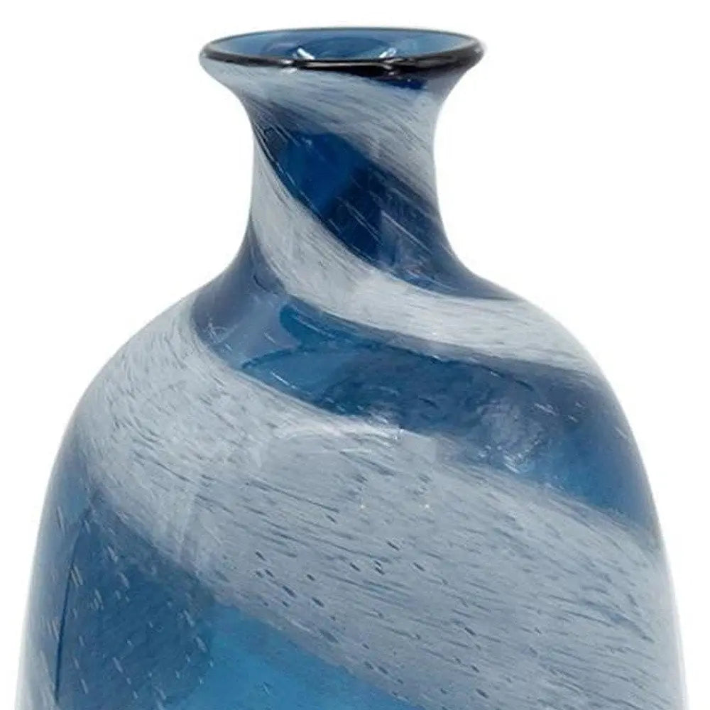 13" Blue And White Striped Swirl Art Glass Table Vase - NOBLE HOME INTERIORS