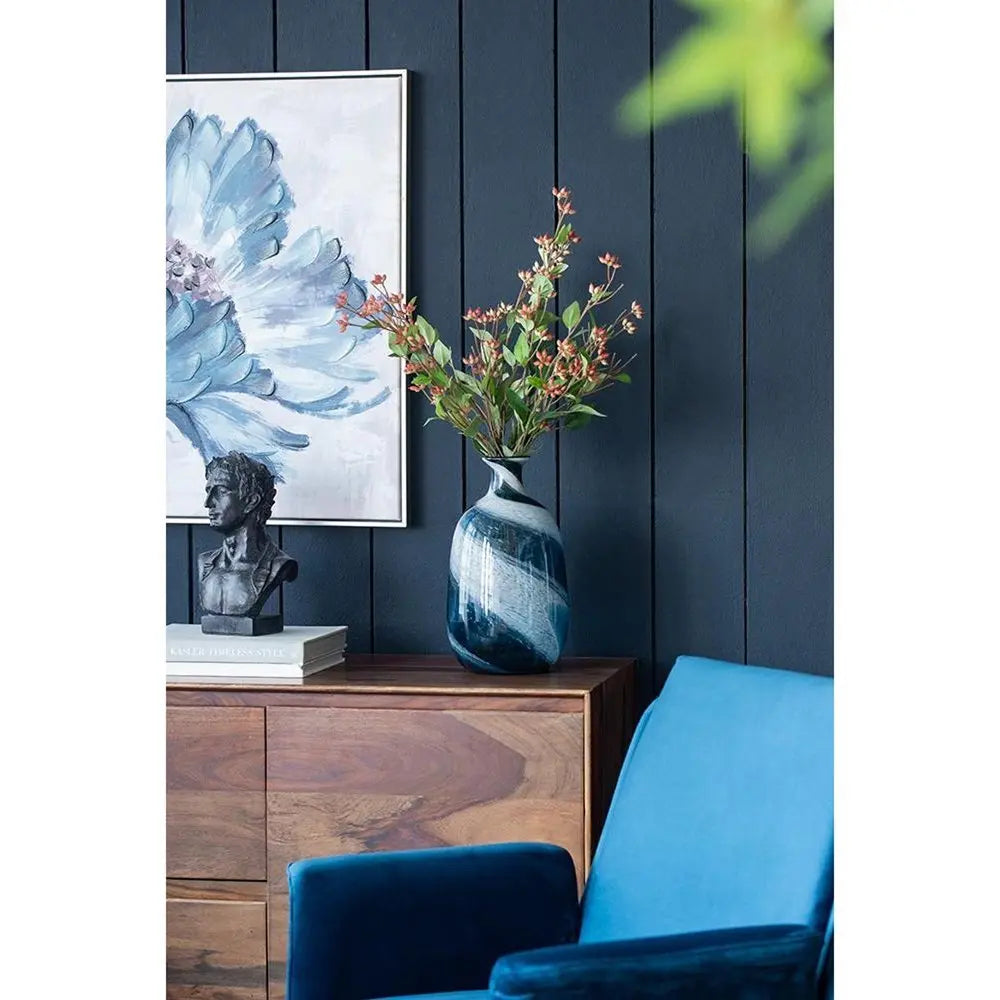 13" Blue And White Striped Swirl Art Glass Table Vase - NOBLE HOME INTERIORS