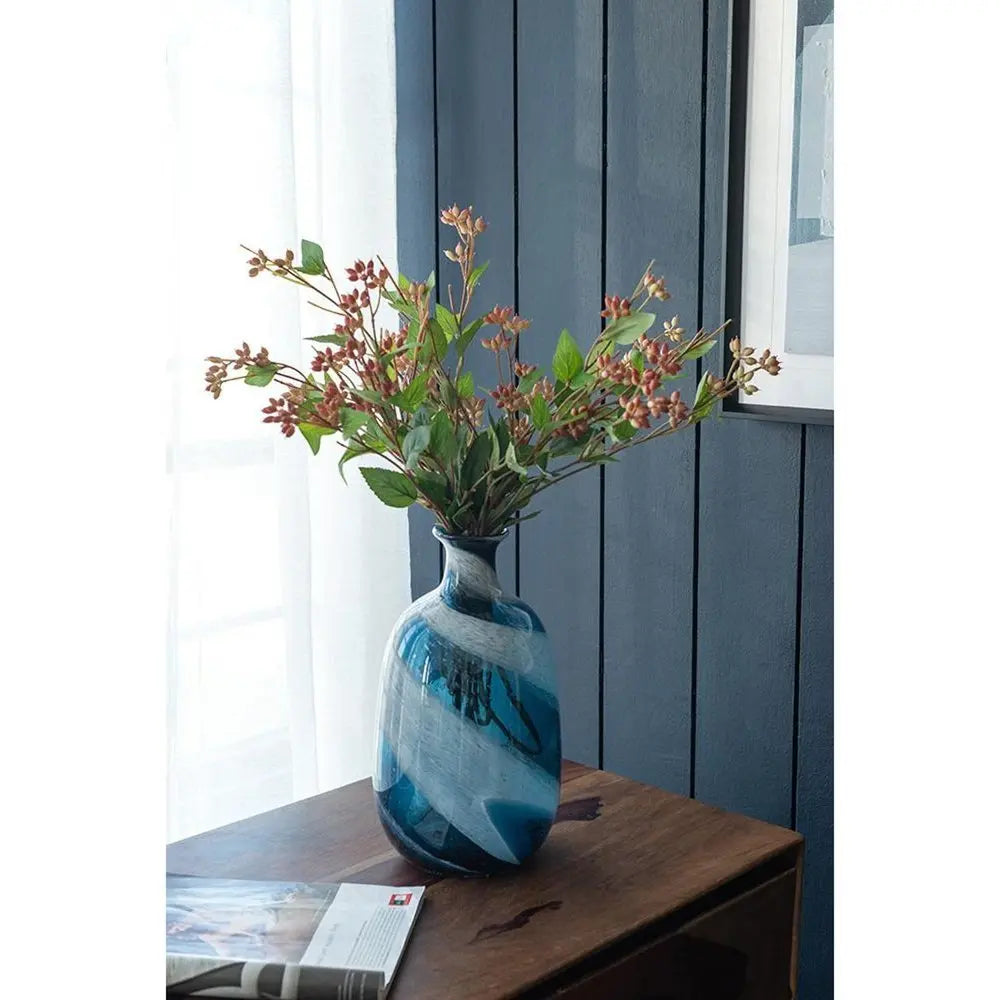 13" Blue And White Striped Swirl Art Glass Table Vase - NOBLE HOME INTERIORS