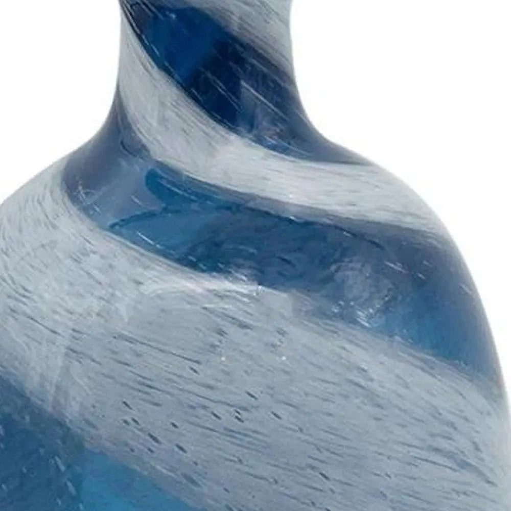 13" Blue And White Striped Swirl Art Glass Table Vase - NOBLE HOME INTERIORS