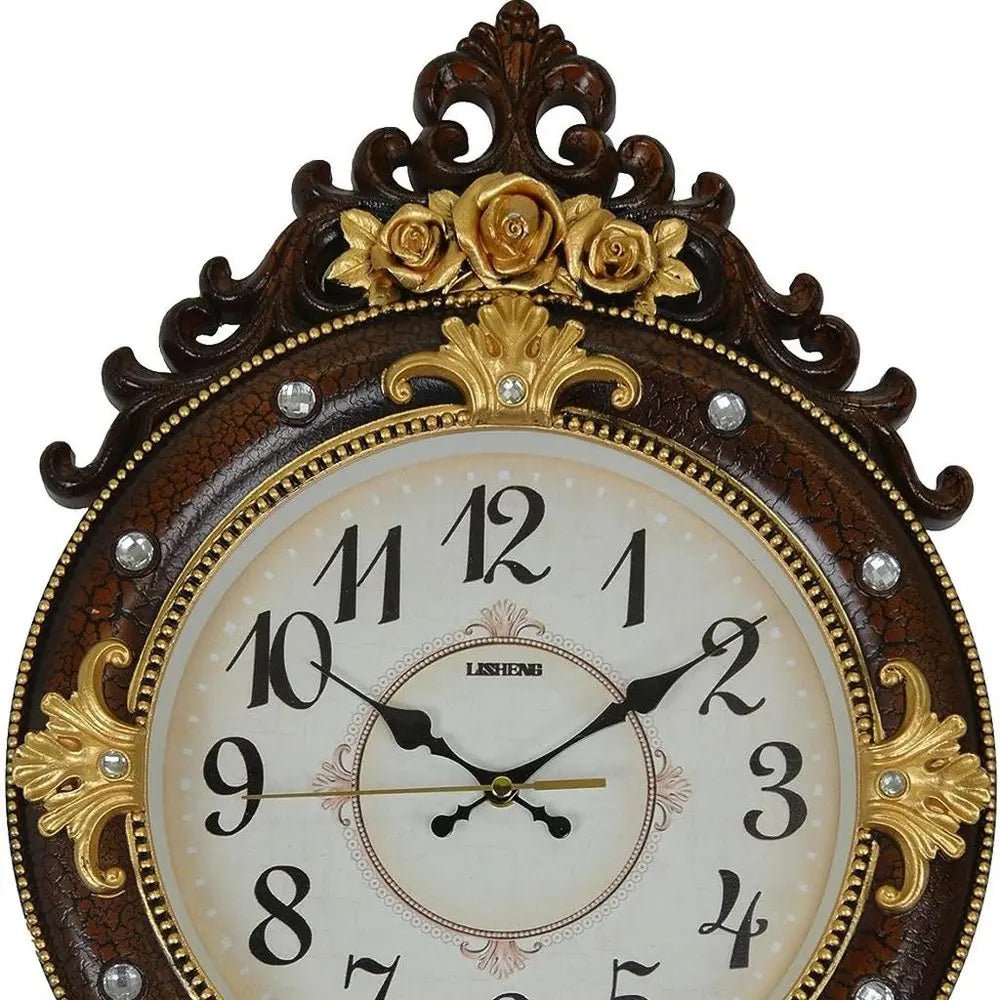 13" Brown Gold And White Resin Silent Pendulum Ornate Oval Wall Clock HomeRoots