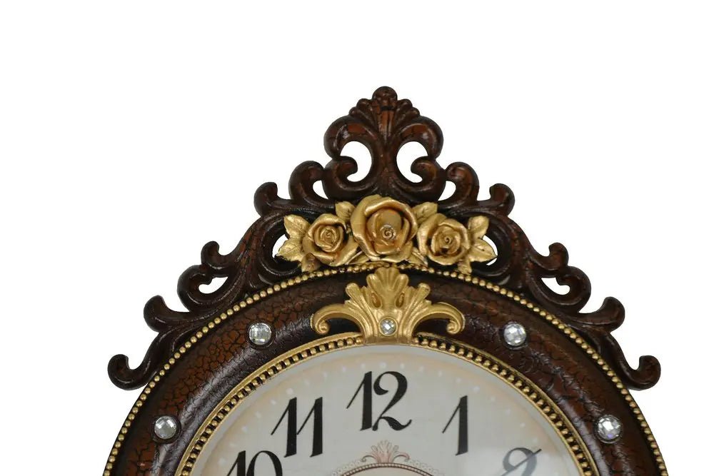 13" Brown Gold And White Resin Silent Pendulum Ornate Oval Wall Clock HomeRoots