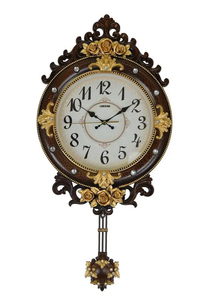 13" Brown Gold And White Resin Silent Pendulum Ornate Oval Wall Clock HomeRoots