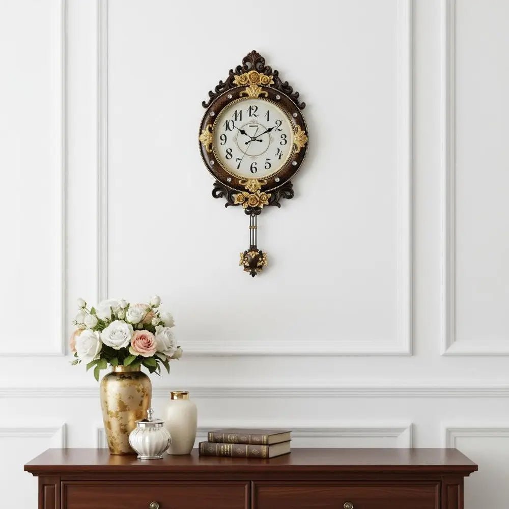 13" Brown Gold And White Resin Silent Pendulum Ornate Oval Wall Clock HomeRoots