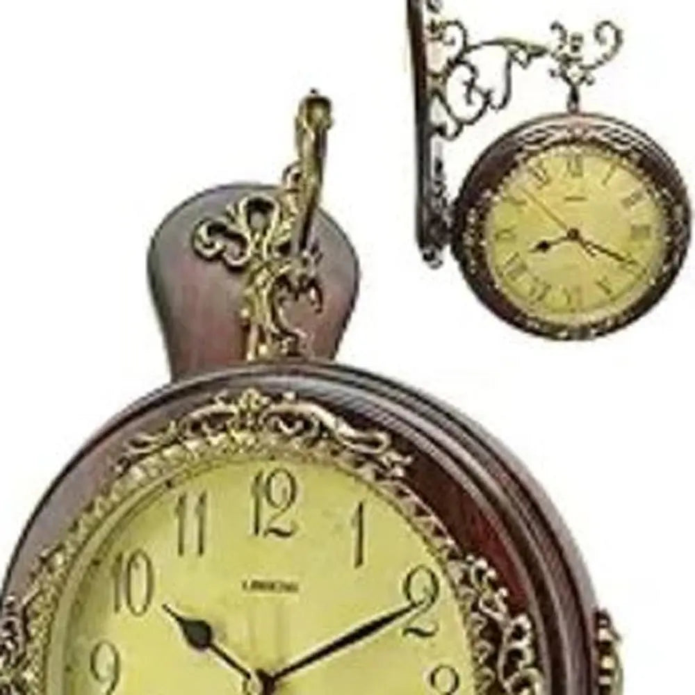 13" Brown Gold And Yellow Resin and Wood Silent Analog Ornate Round Wall Clock - NOBLE HOME INTERIORS