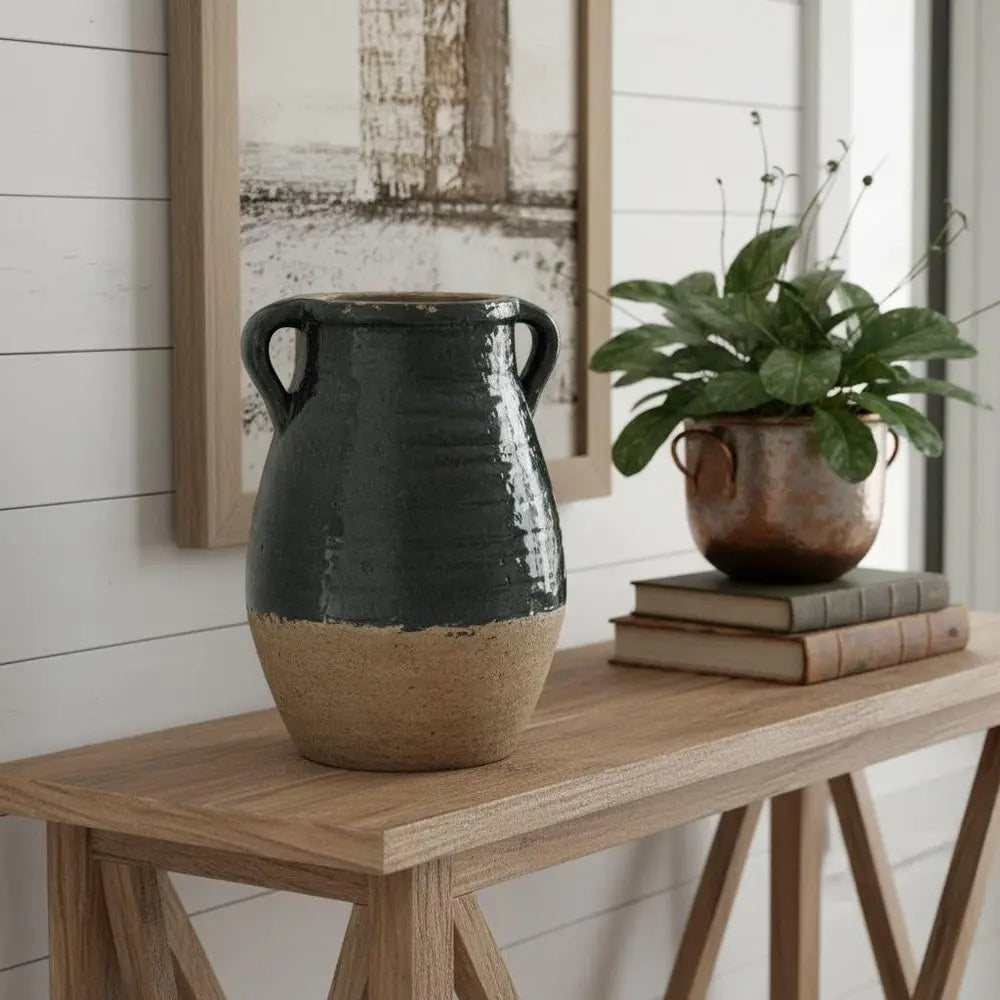 13" Dark Green Terracotta Round Jug Vase - NOBLE HOME INTERIORS