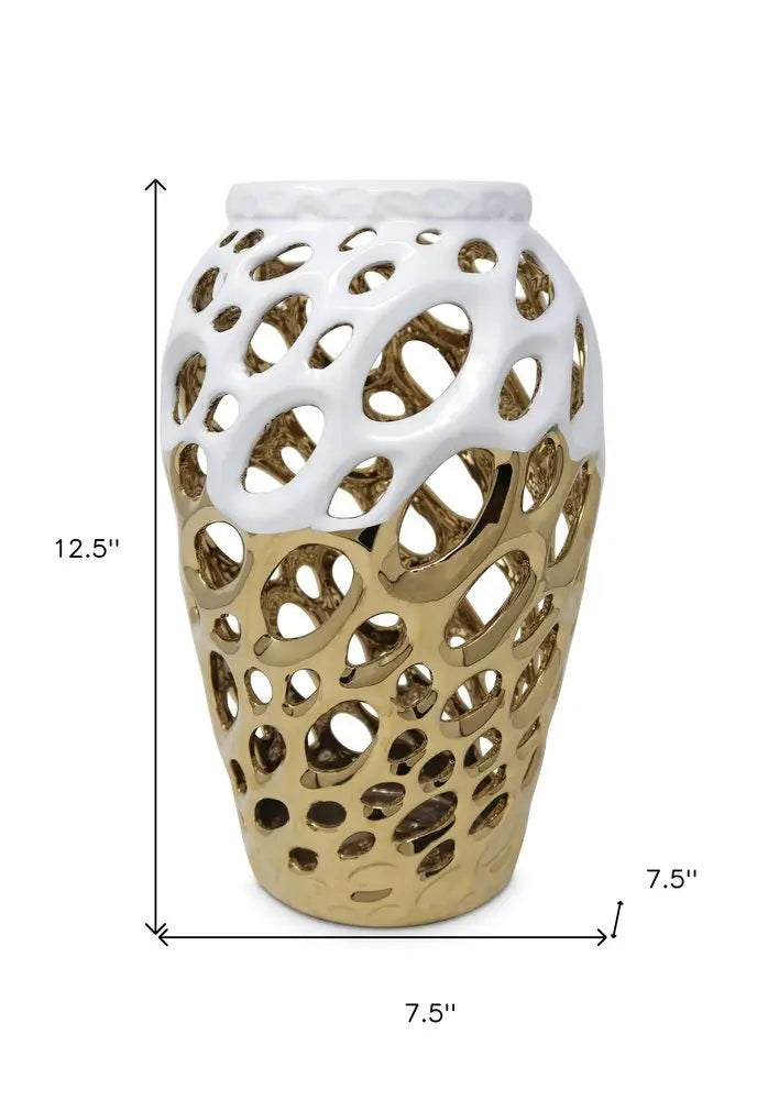 13" Gold And White Pierced Urn Porcelain Table Vase With Sculptural Details - NOBLE HOME INTERIORS